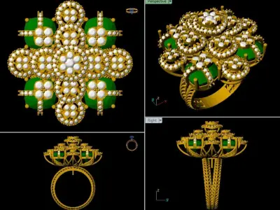 Luxury Floral Cluster Ring     Emerald and Diamond-Inspired  3D print model