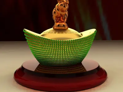 Chinese Gold Ingot with Golden Pig 3D model