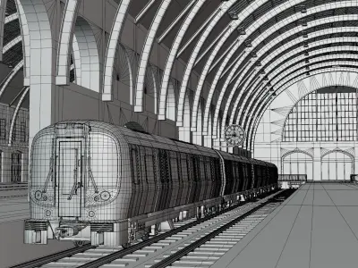 Kings Cross station with metro train 3D model