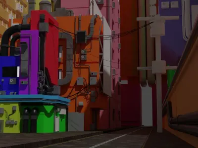 Cyber car and Cyber City landscape and scene Low-poly 3D model