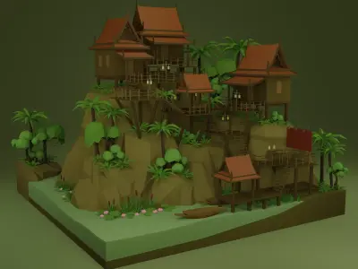  Thai houses and wooden corridors Free low-poly 3D model