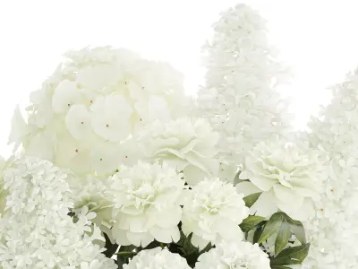 Realistic Bouquet White Flowers Lilac Hydrangea peony vase glass 3D model