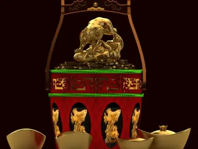 Chinese Gold Ingot with Golden tiger 3D model