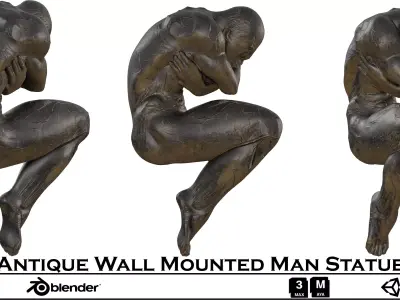 Antique Wall Mounted Man Statue - Crouching Bronze Figure Low-poly 3D model