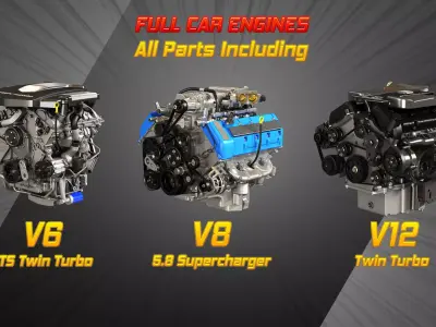 V6 V8 V12 Car Engines with Full External and Internal Parts 3D Model Pack