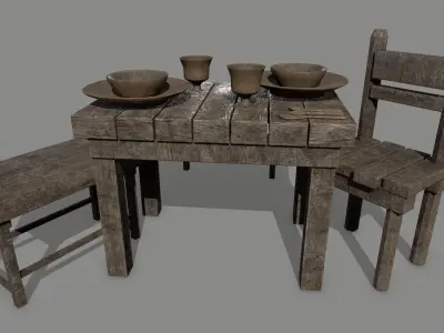 Medieval Set wooden chair Low-poly 3D model