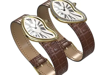 Gold Silver Leather Vintage Watch with Diamonds Low-poly 3D model