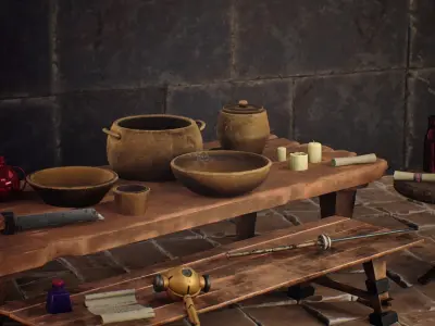 Stylized utensils potion bottles and weapons Low-poly 3D model