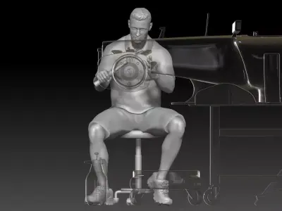 mechanic 1 at work in the garage during the Formula 1 3D print model