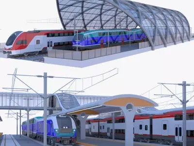Stations with doubledeck trains 3D Model Collection