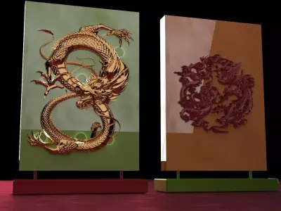 Chinese  dragon phoenix carving pattern  3D model