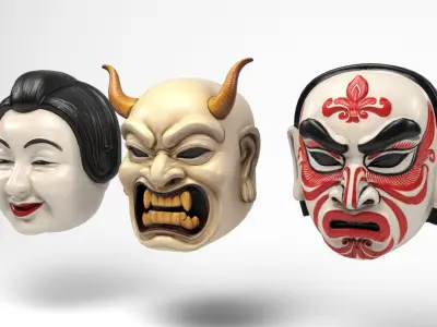 Japanese masks Low-poly 3D model