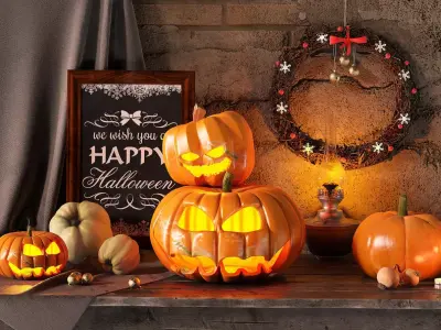 Vintage Halloween Decor Set Jack O Lanterns Festive Elements 3D model