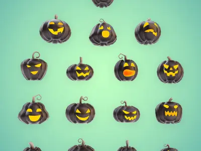 Carved pumpkin heads low poly 3d models set 2  3D model