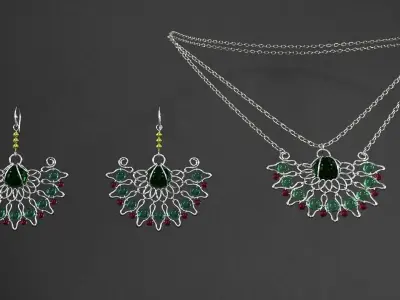 earrings emerald necklace and set 3D model