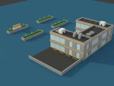 Low Poly Hosptial 2 hospital building with plants and trees Low-poly 3D model