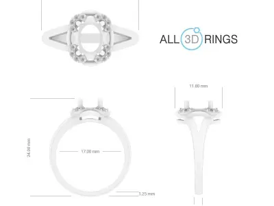 Ring with oval and diamonds 3D print model