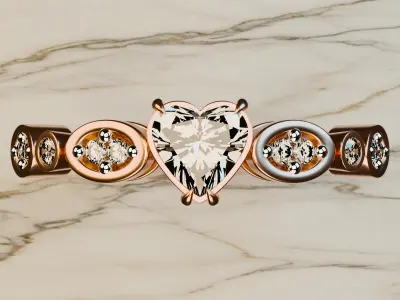 Rose Gold Designer Diamond Ring with Oval Gem 3D model 3D model