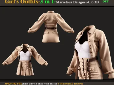 3 in 1 Girls Outfits-Models-Materials-Textures 3D model