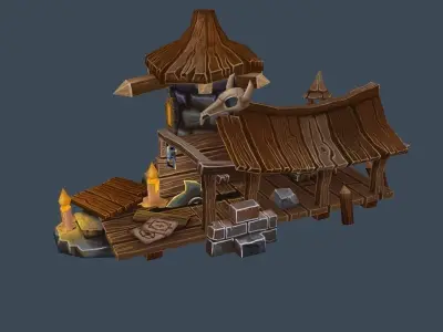 Cartoon Old Wood and Stone Workshop Sawmill Low-poly 3D model