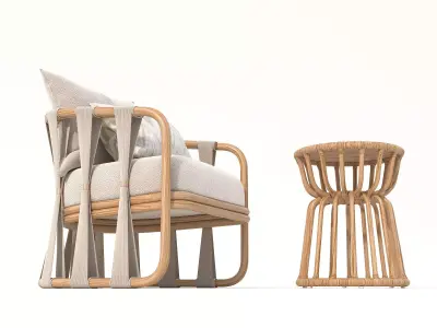 Rattan Coffee Table and Chair Set 6 3D model