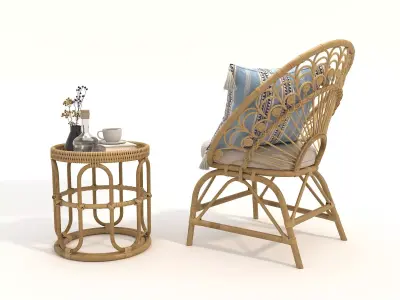 Rattan Coffee Table and Chair Set 5 3D model