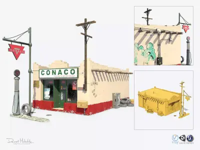 Retro Gas Station Low-poly 3D model