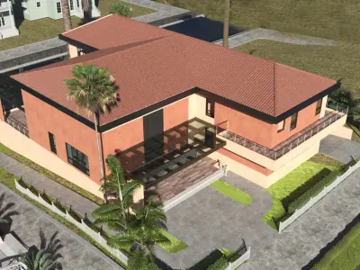 Exterior scene of rustic house on sloped landscape 3D model