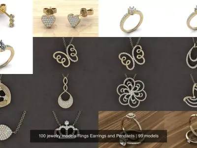 100 jewelry models Rings Earrings and Pendants 3D Model Pack