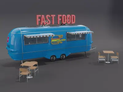Blue Fast Food Trailer  Low-poly 3D model