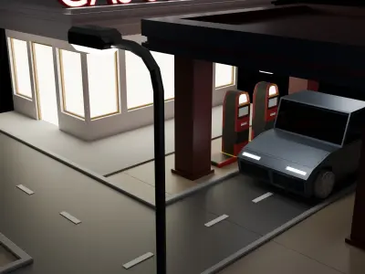 Low Poly Gas station and  Low Poly Car Low-poly 3D model