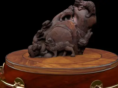 Chinese lion  wood root carving sculpture  3D model