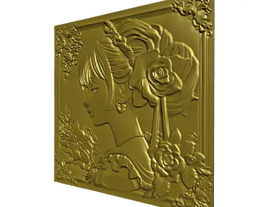 Japanese anime girl with flowers5 CNC 3D model 3D print model