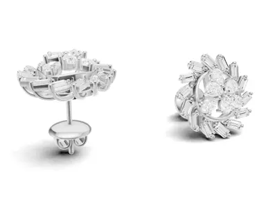 Sunburst Baguette Diamond Stud Earrings With Floral Style 3D print model