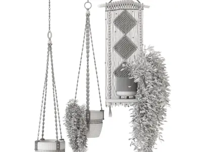 Indoor Plants in rusty Concrete Pot with Macrame - Set 3 3D model