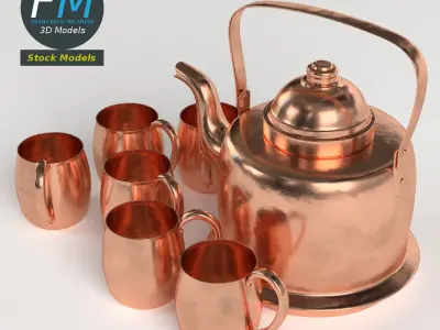 Copper kettle and mugs 3D model