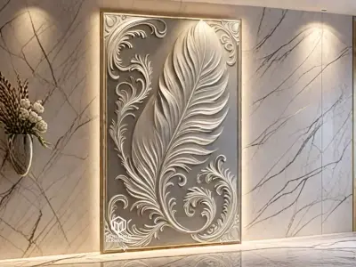 modern feather panel wall decor set relief stl mural CNC 304 3D model