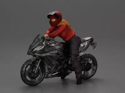 motorcyclist woman in helmet and hoodie sitting on motorcycle 3D print model