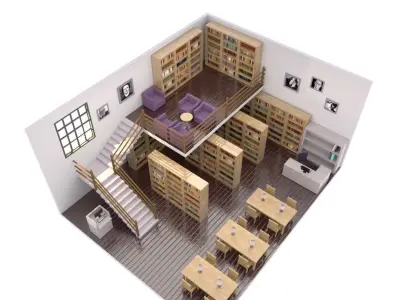 Library with bookshelves and stairs Low-poly 3D model