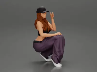 Chola gangster homie lowrider girl in cap sitting beside car 3D print model