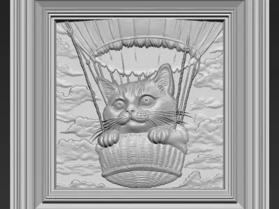 Kitten riding a hot air balloon A45 3D print model