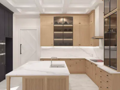 kitchen modern with wood cabinets and marble counter tops 3D model