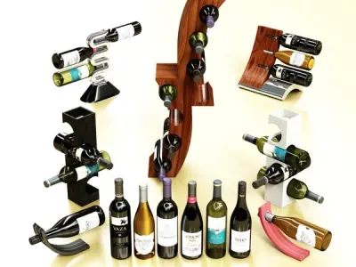 Wine racks collection and 6 wine bottles 3D model