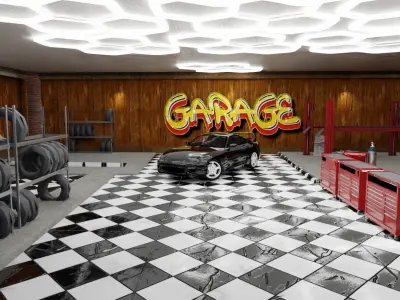 Car WorkShop with interior  exterior  detailed road 4k quality 3D model