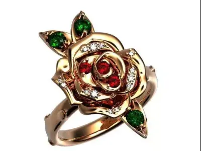 luxury flower rose ring with leaves and stones 3D print model