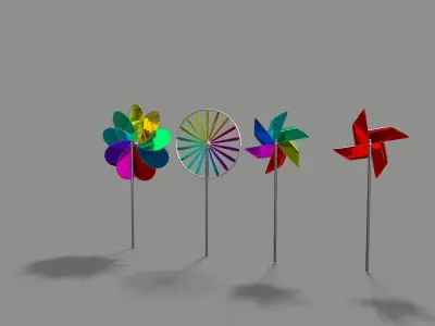 Pinwheel three colorful pinwheels on wooden stick Low-poly 3D model