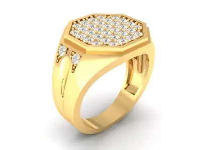 Gold Octagon Men Ring with Pave Diamond Setting 170 3D print model