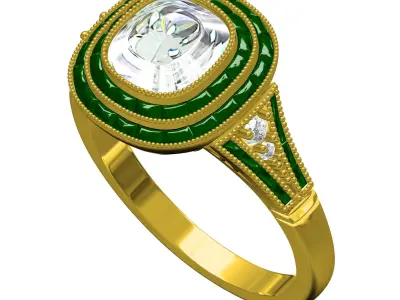 Cushion Stone Baguette Diamond Double Halo Art Deco Ring 3D print model