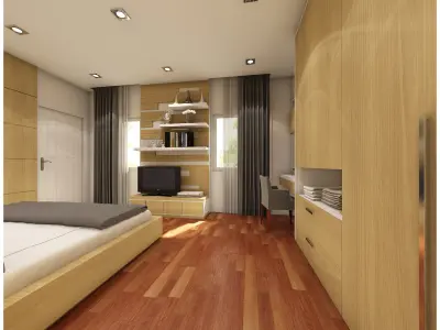 bedroom 1 with wooden floors and walls 3D model