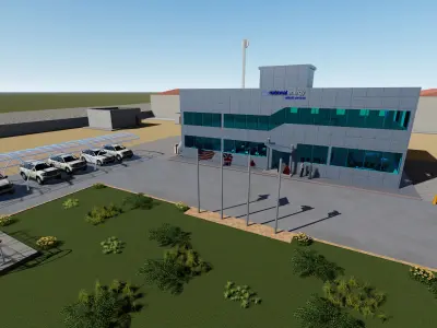 office building with flags Low-poly 3D model